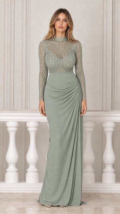 Sage Green variant of the embellished high neck maxi dress
