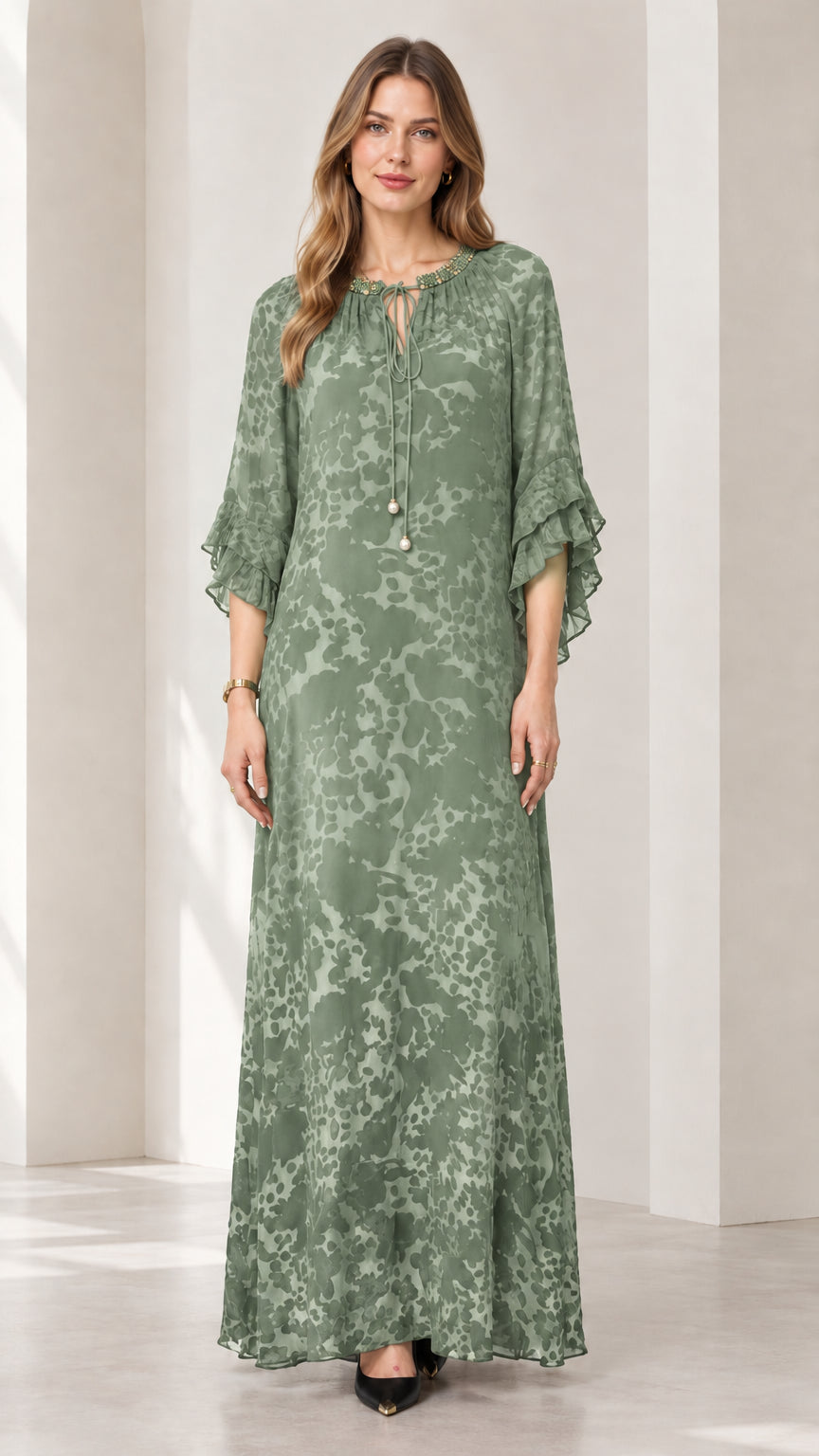Sage Green beaded tie-neck flutter sleeve maxi dress on model
