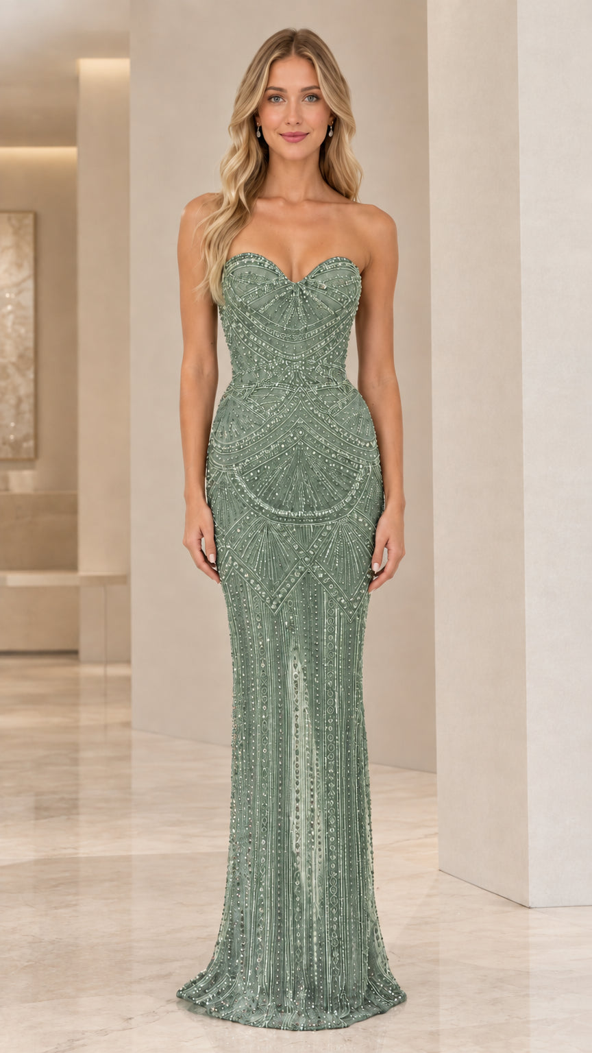 Front view of strapless sweetheart beaded mermaid evening gown in sage green