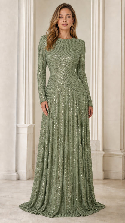 Front view of model wearing Sage Green long-sleeve sequin maxi evening gown