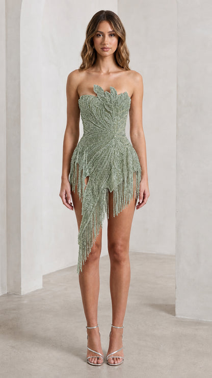 Front view of sage green strapless beaded fringe mini dress