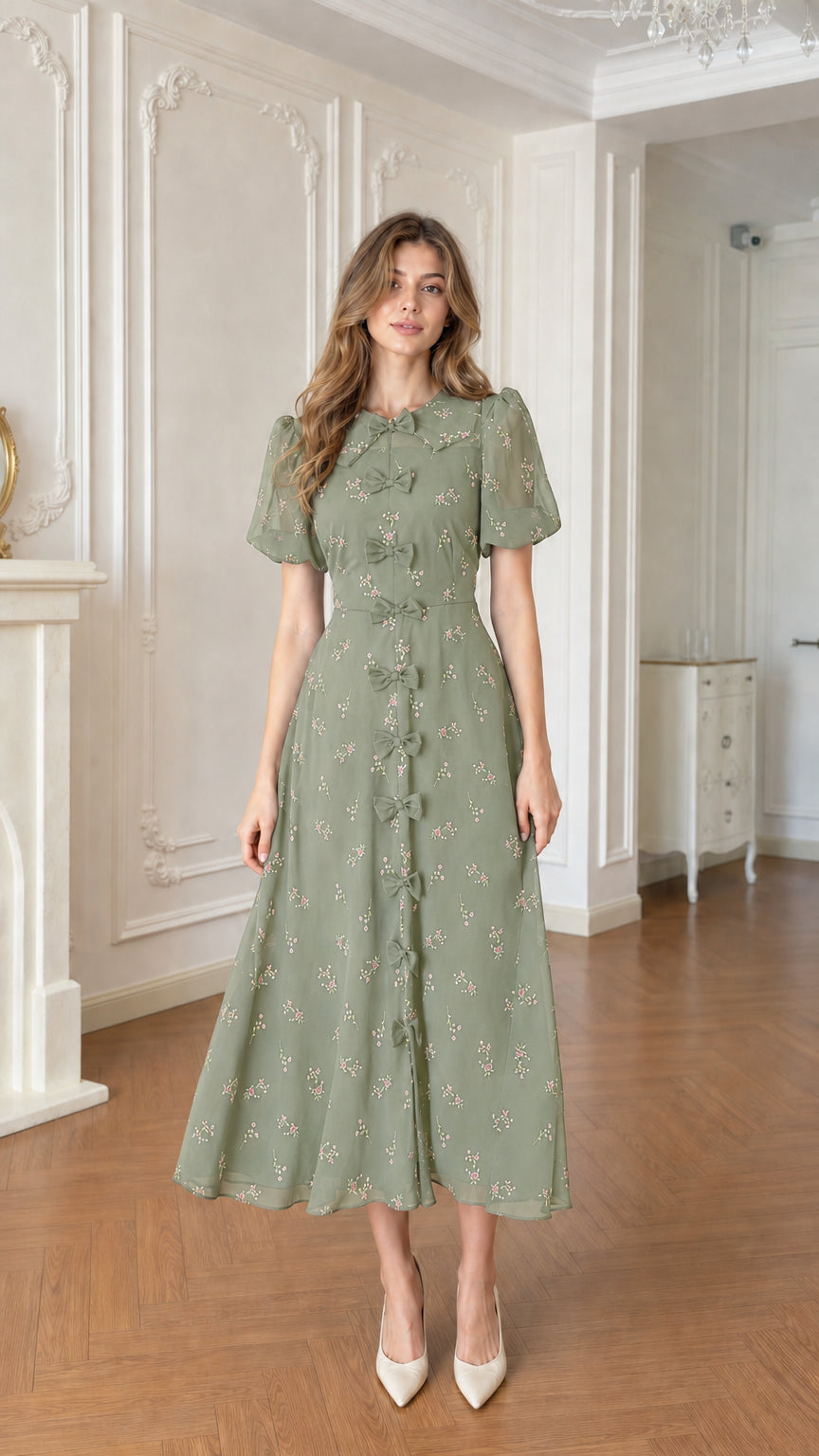 Full front view of sage green floral bow-front midi dress