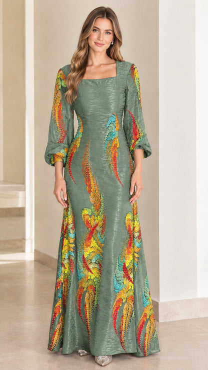 Full-length sage green formal maxi dress with colorful feather motif