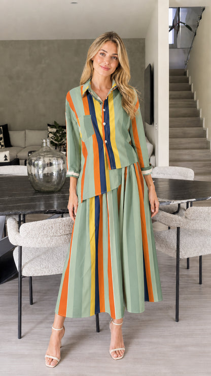 Model wearing sage green stripe two-piece set