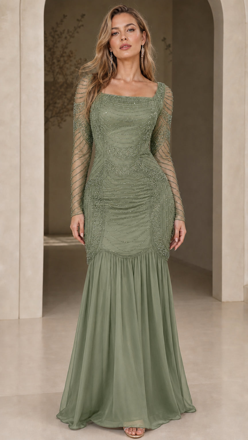 Full front view in sage green color variant