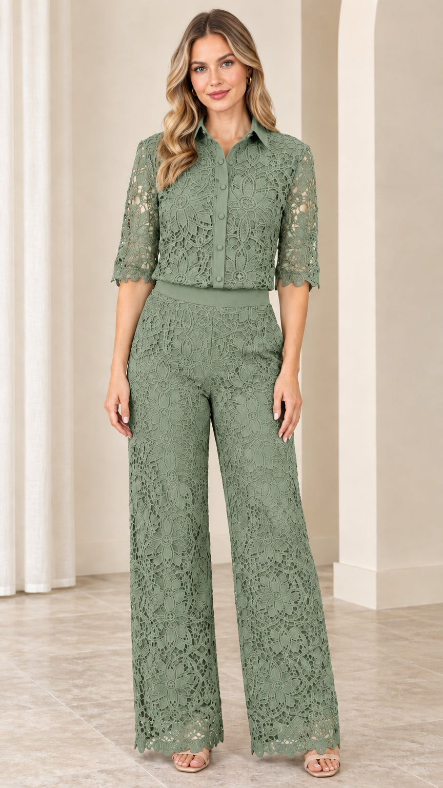 Front view of model wearing sage green floral lace wide-leg jumpsuit