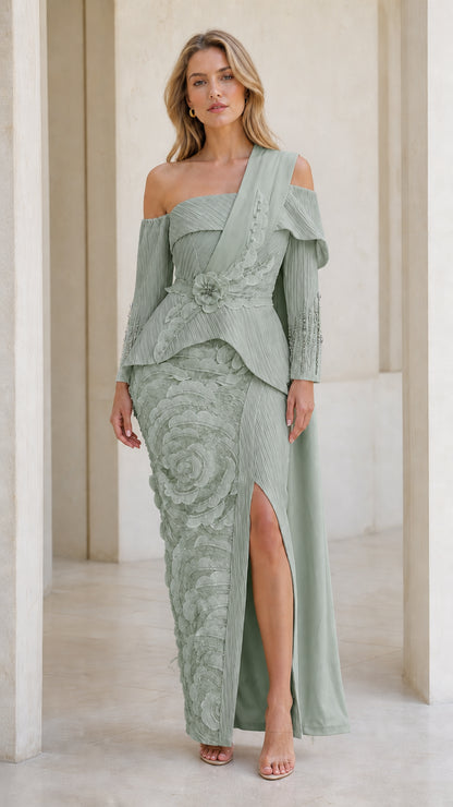 Front full view of sage green evening gown with asymmetric drape