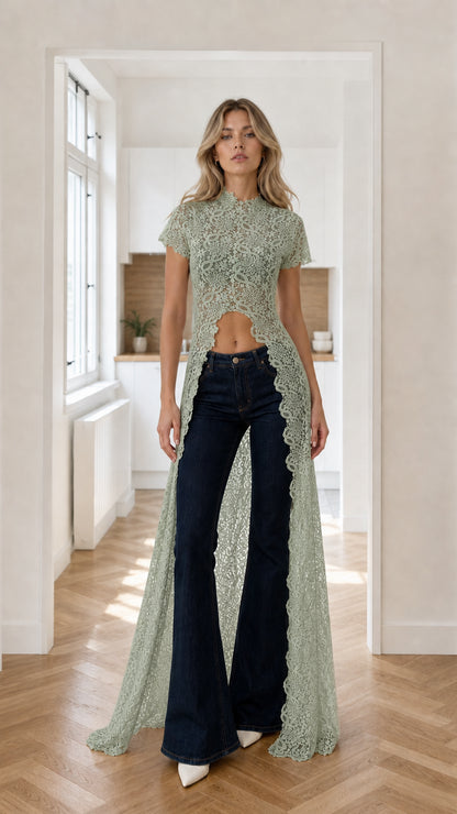 Model wearing sage green sheer floral lace maxi cardigan