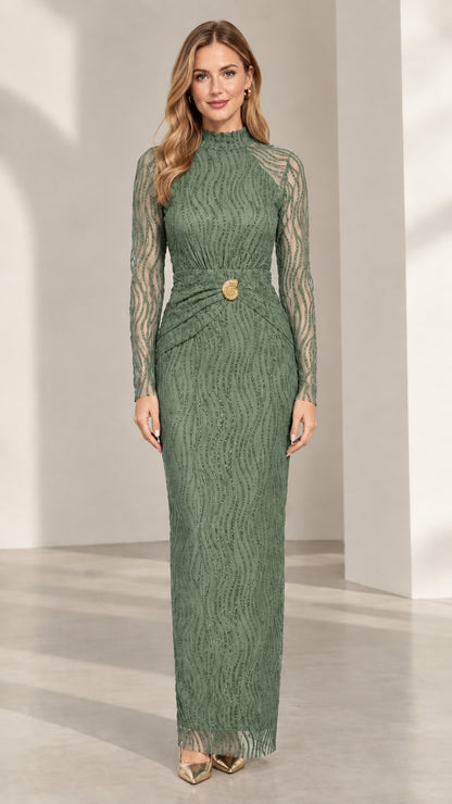 Sage Green long sleeve mock neck column maxi dress front view