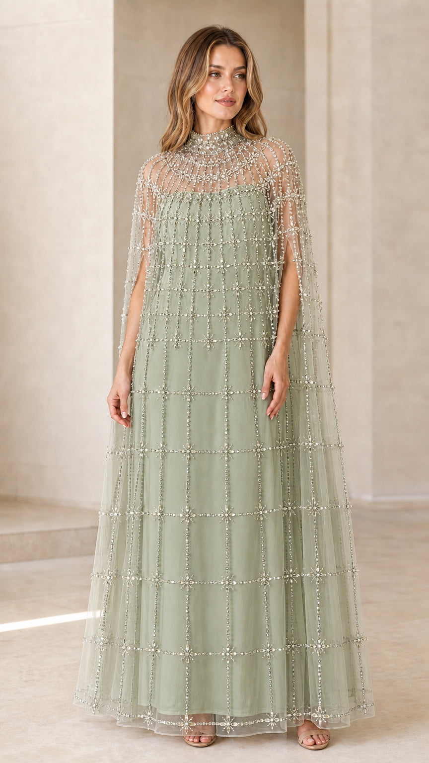 Front view of model wearing Sage Green embellished cape maxi gown
