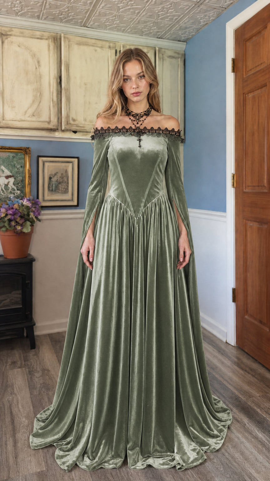 Model wearing Sage Green velvet off-shoulder maxi dress