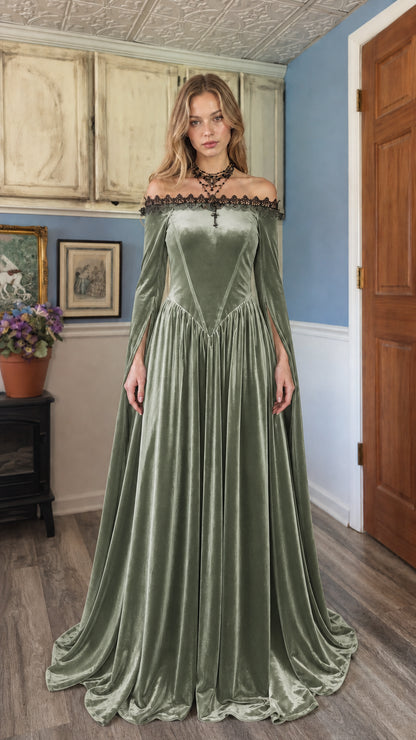 Model wearing Sage Green velvet off-shoulder maxi dress