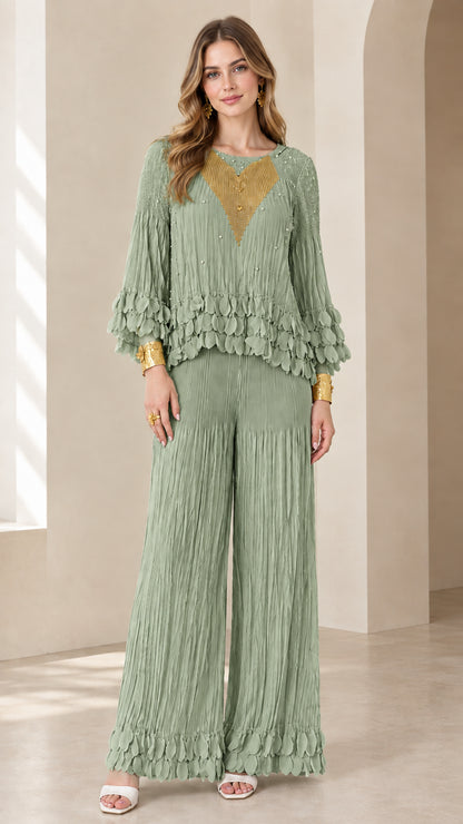 Sage green embroidered crinkle two-piece pant set
