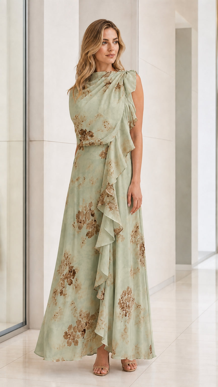 Front view of model in Sage Green floral ruffled maxi dress