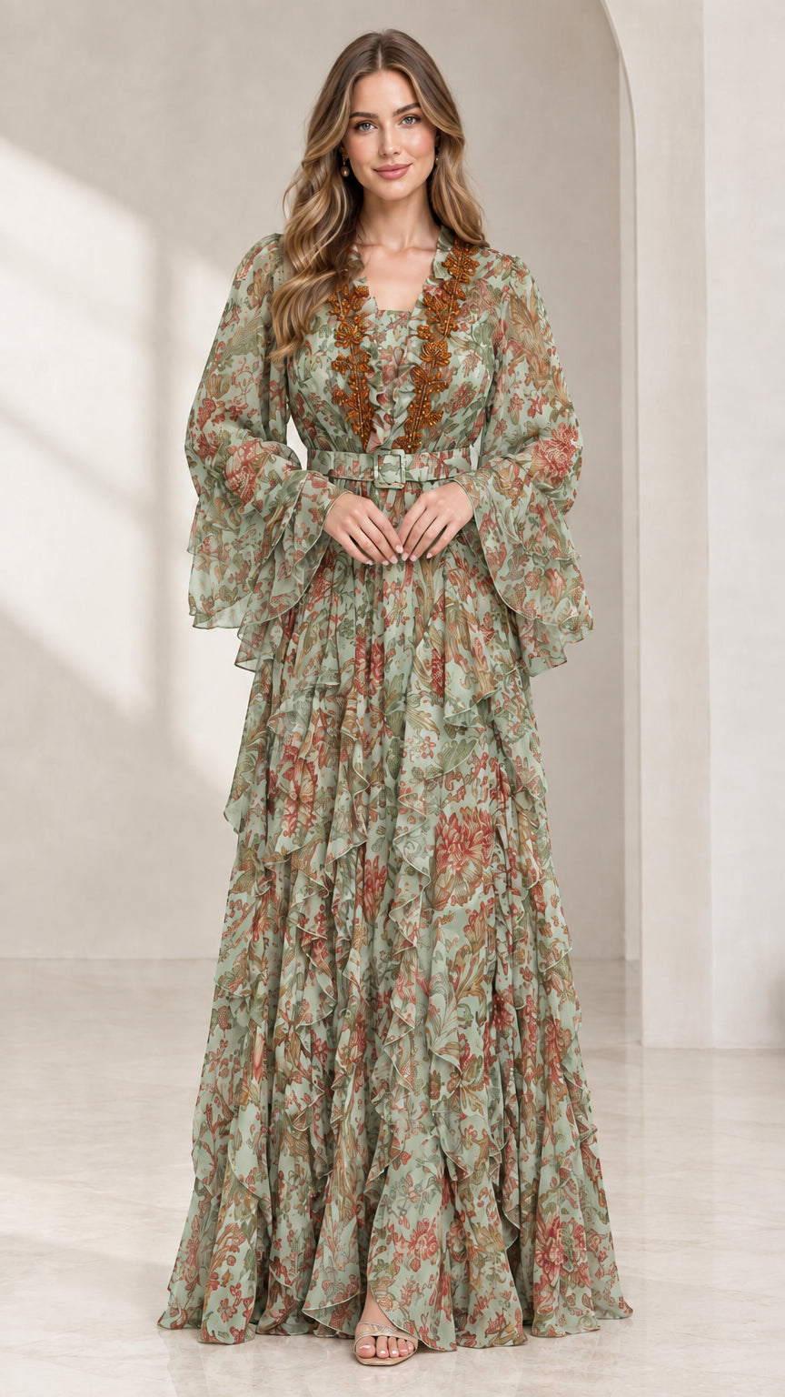Front view of sage green floral tiered maxi dress with belt