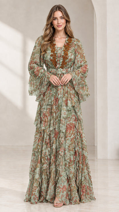 Front view of sage green floral tiered maxi dress with belt