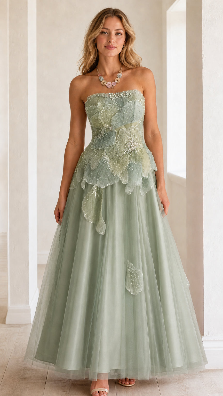 Front view of strapless sage green tulle evening ball gown with beaded petal bodice