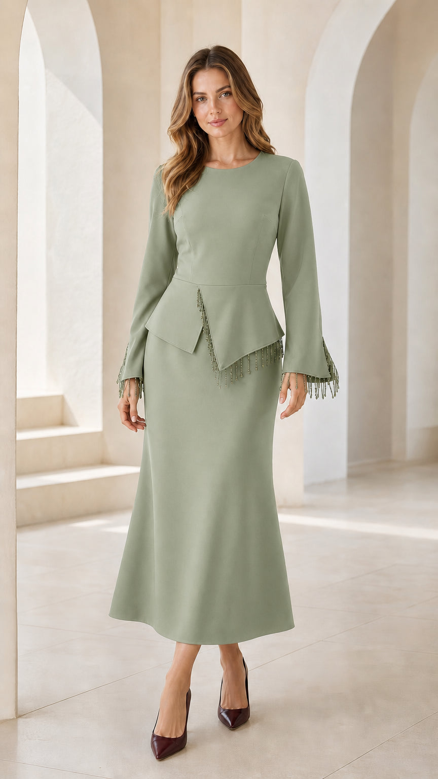 Sage green peplum midi dress with beaded fringe trim