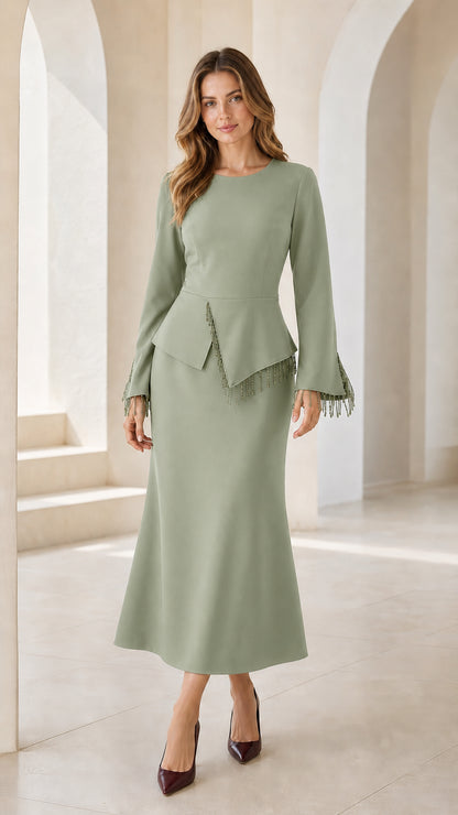 Sage green peplum midi dress with beaded fringe trim