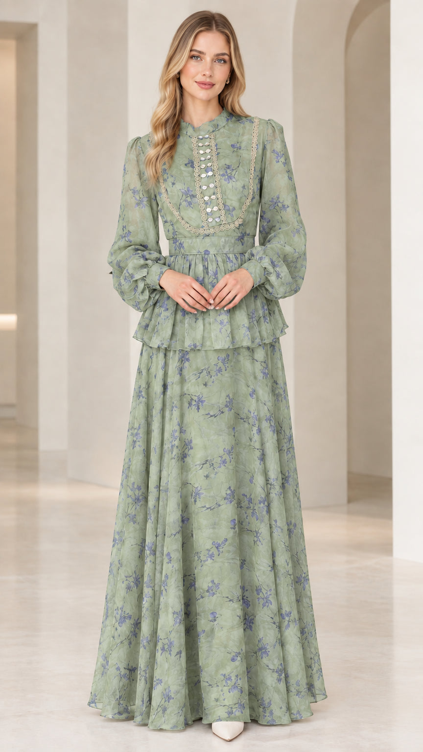 Sage green floral high neck peplum maxi dress