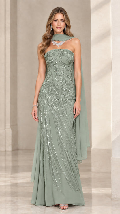 Sage Green beaded strapless formal maxi gown