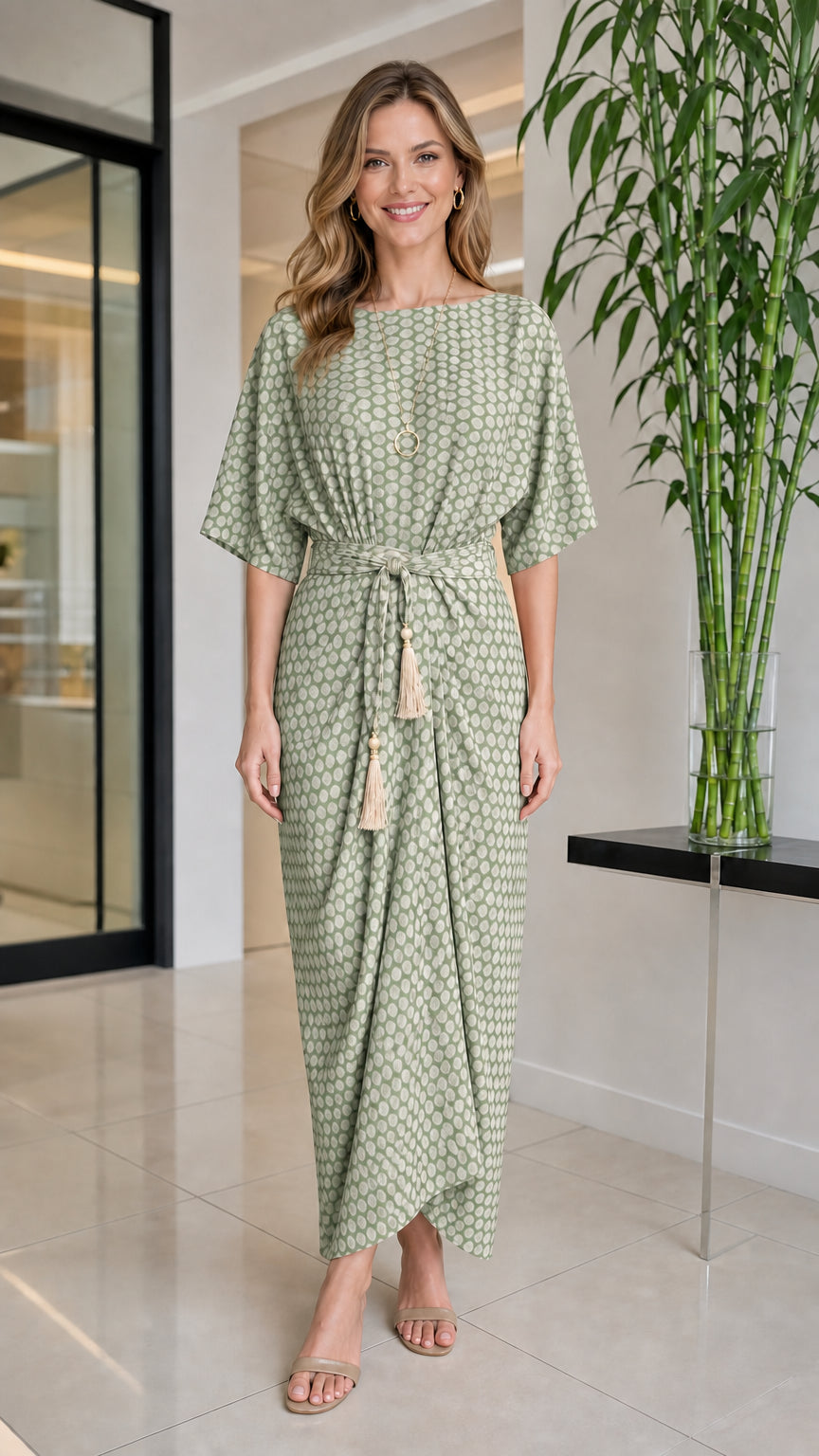 Front view of woman wearing sage geometric print maxi dress