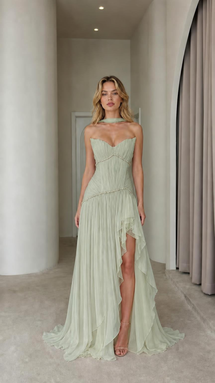 Sage green pleated chiffon formal maxi dress