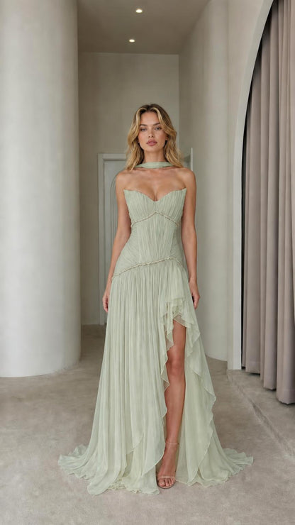Sage green pleated chiffon formal maxi dress