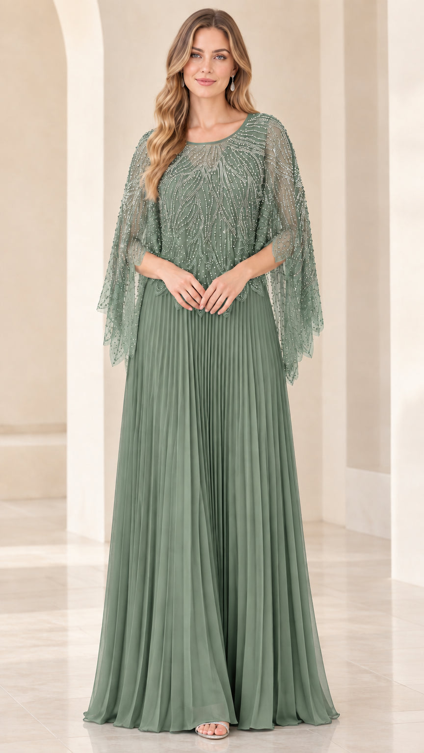 Sage green beaded capelet pleated maxi evening gown