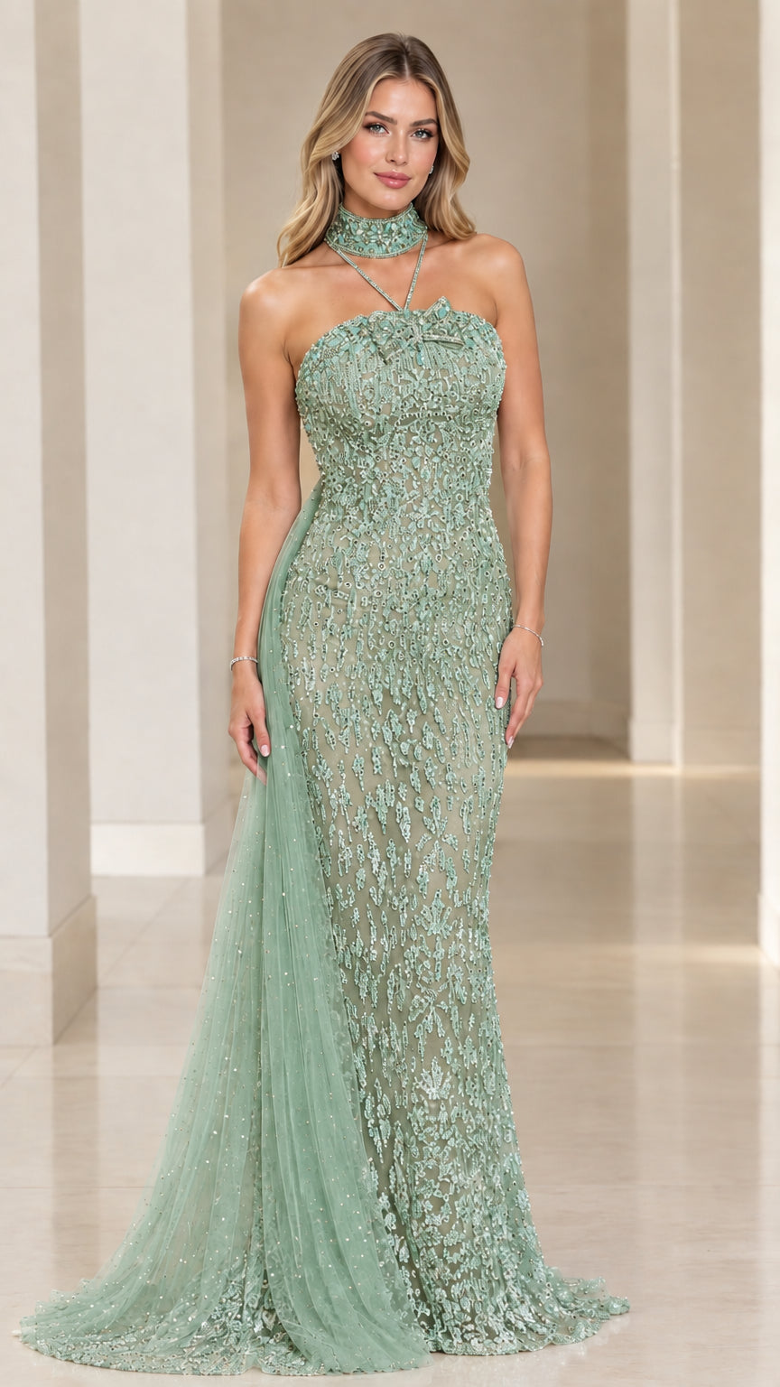 Sage green embellished formal mermaid gown with matching choker