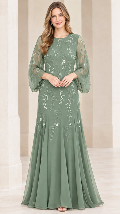 Front view of sage green sequined evening maxi dress with sheer bell sleeves