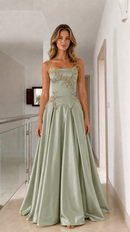 Sage green strapless satin formal gown with crystal waist embellishment