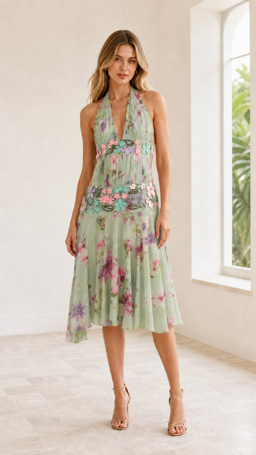 Front view of model wearing Sage Green floral halter cutout midi dress