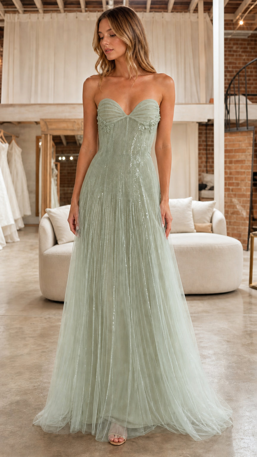 Front full view of model in the sage green strapless beaded tulle gown