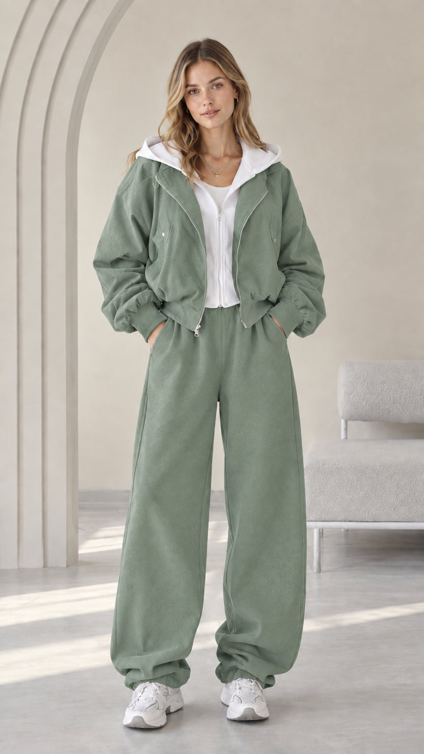 Front view of model wearing the Sage Green contrast hooded jacket and wide-leg pants set
