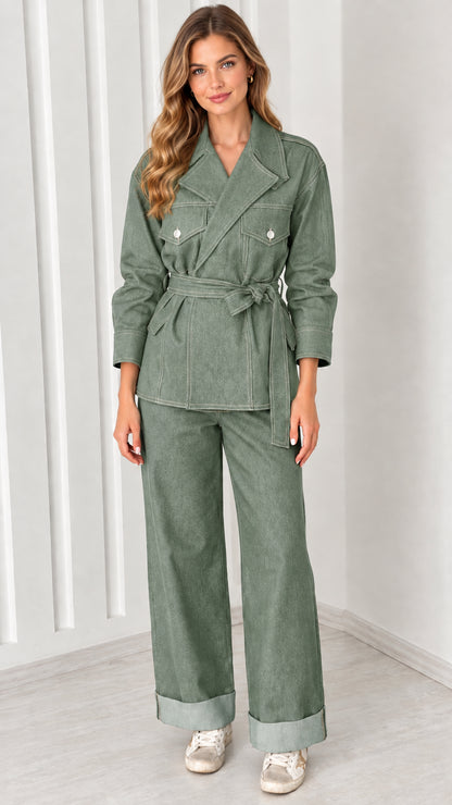 Full-body view of model wearing Sage Green belted jacket and matching wide-leg pants set