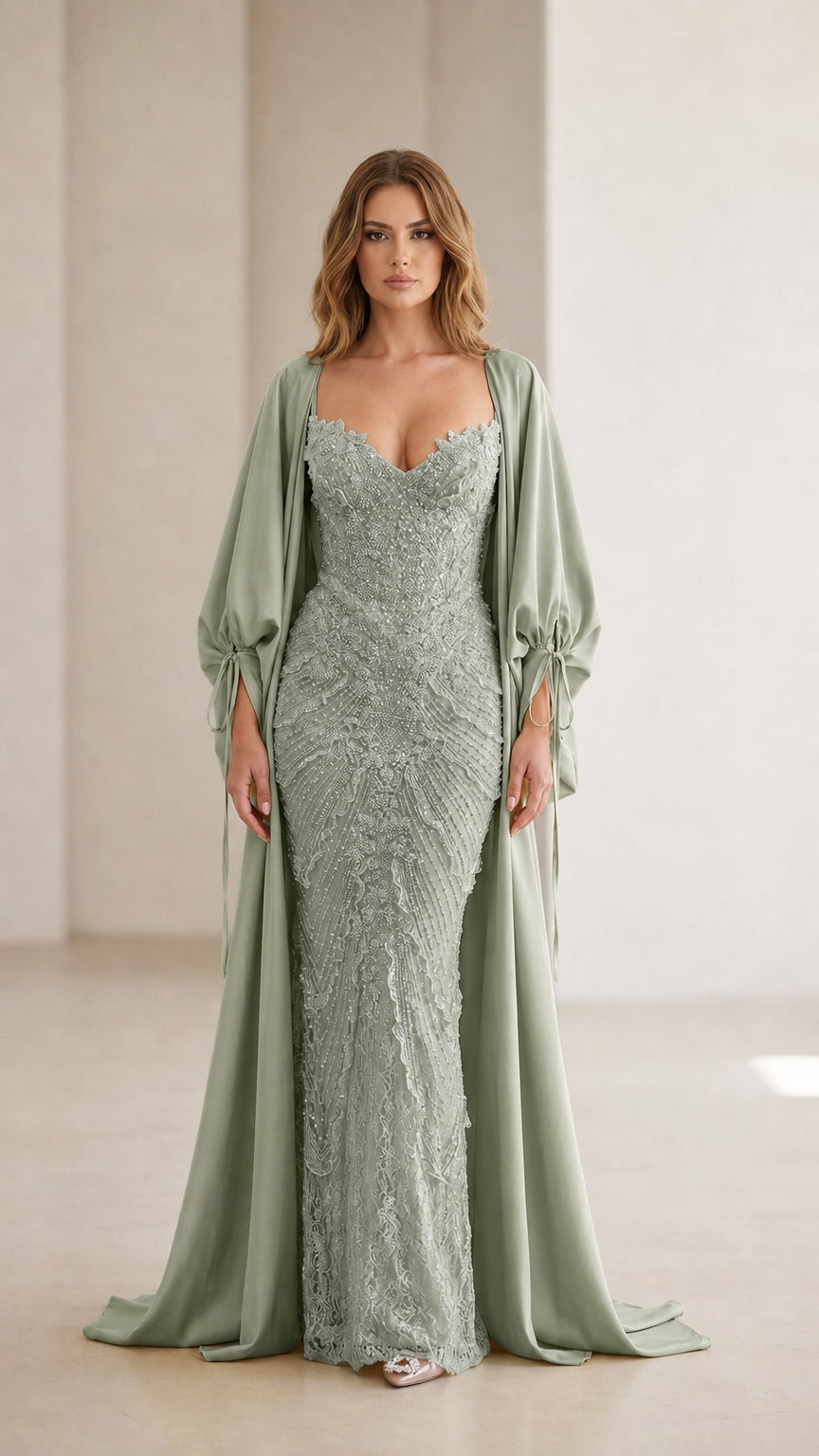Front view of sage green color variant of the evening gown and cape