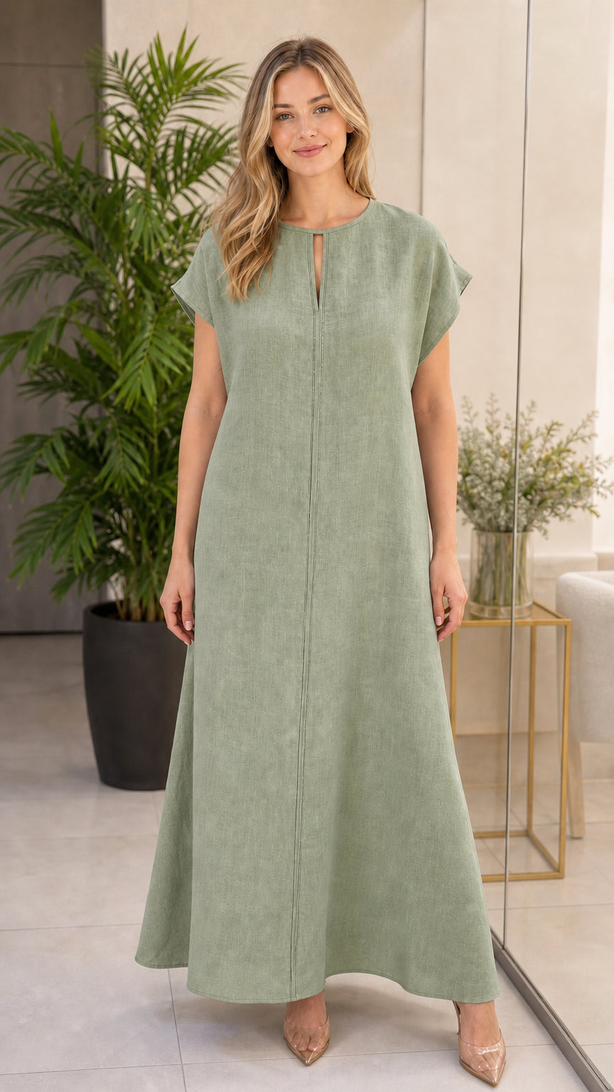Woman wearing sage green A-line keyhole maxi dress
