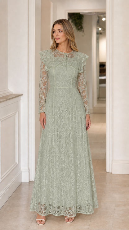 Front view of the Sage Green Lace Capelet Maxi Dress