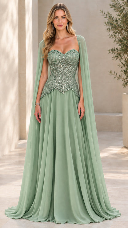 Sage Green floor-length sweetheart cape evening gown