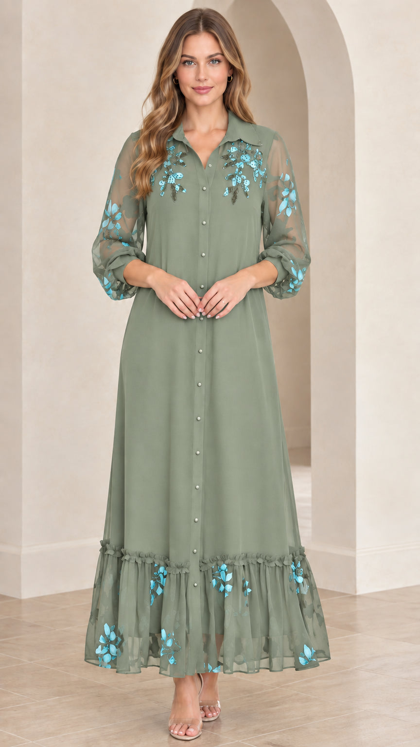 Sage green button-down maxi dress with teal floral embroidery and sheer sleeves