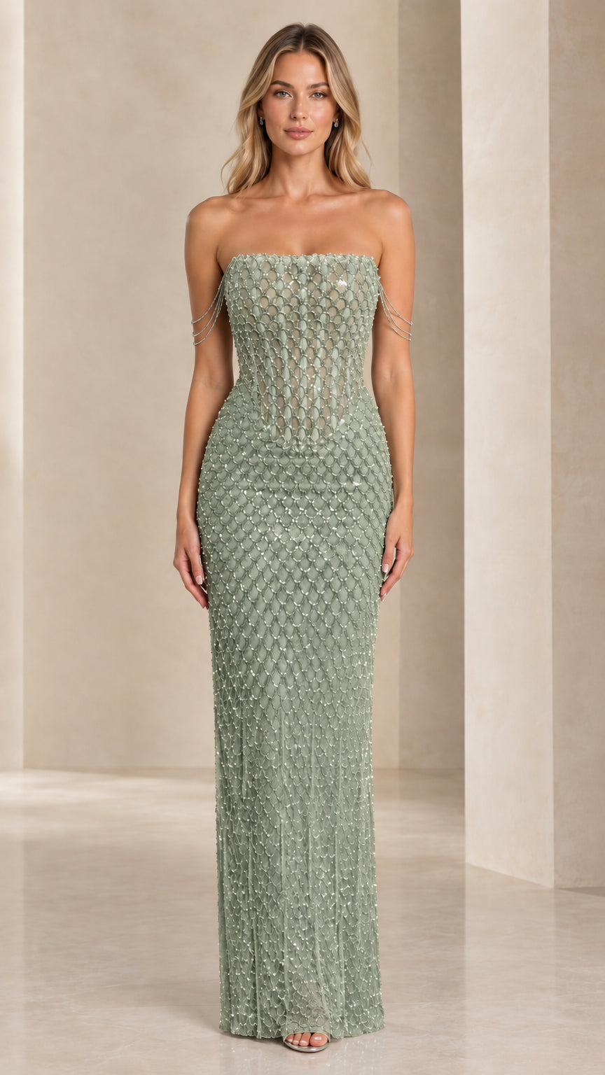 Front view of model wearing Sage Green strapless beaded corset gown