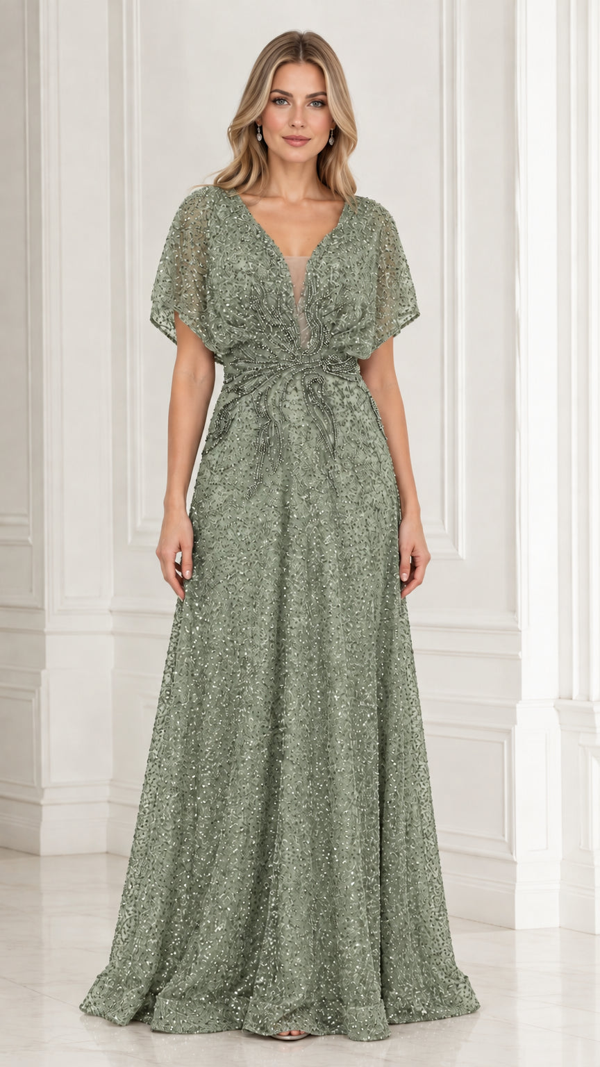 Model wearing sage green beaded V-neck evening gown