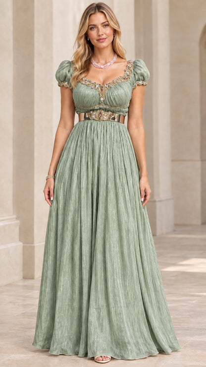 Sage green beaded scoop neck empire waist evening gown