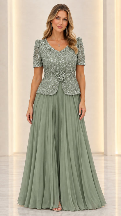 Full front view of sage green sequined peplum evening gown
