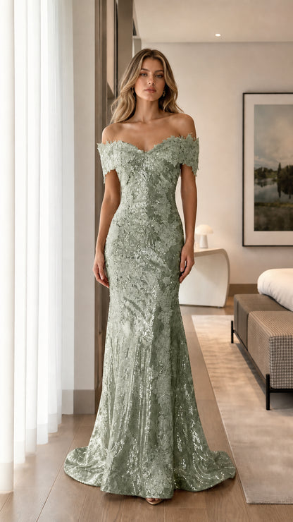 Front view of sage green off-shoulder sequin evening dress