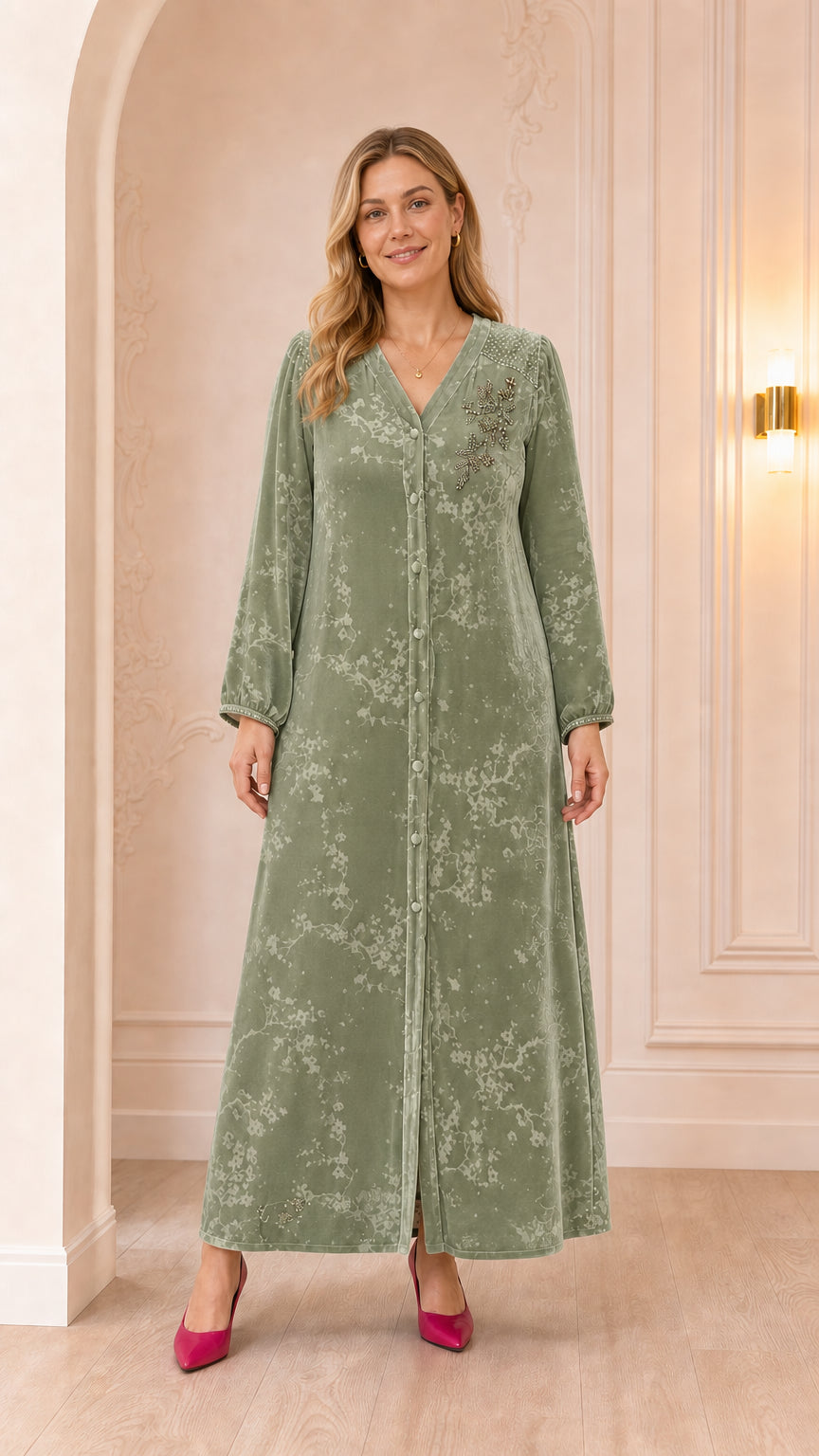 Full-length view of sage green floral beaded velvet maxi dress