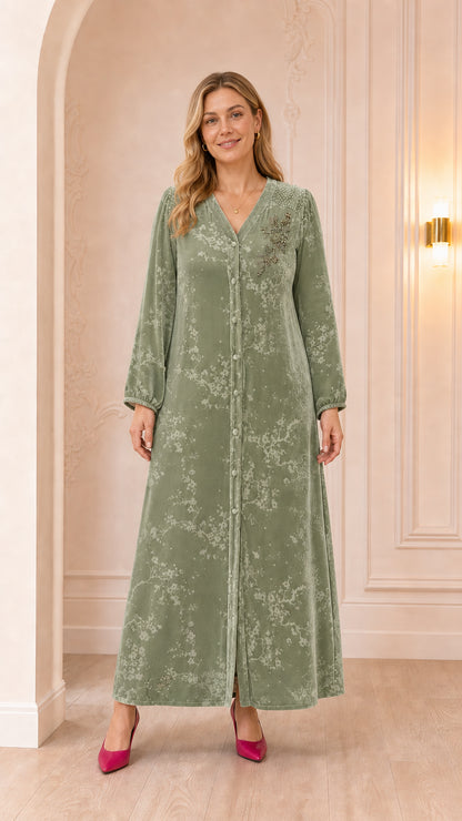 Full-length view of sage green floral beaded velvet maxi dress