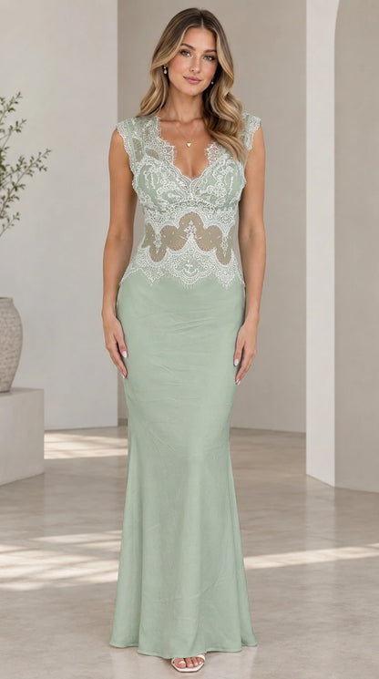 Sage green sleeveless eyelash lace mermaid maxi dress