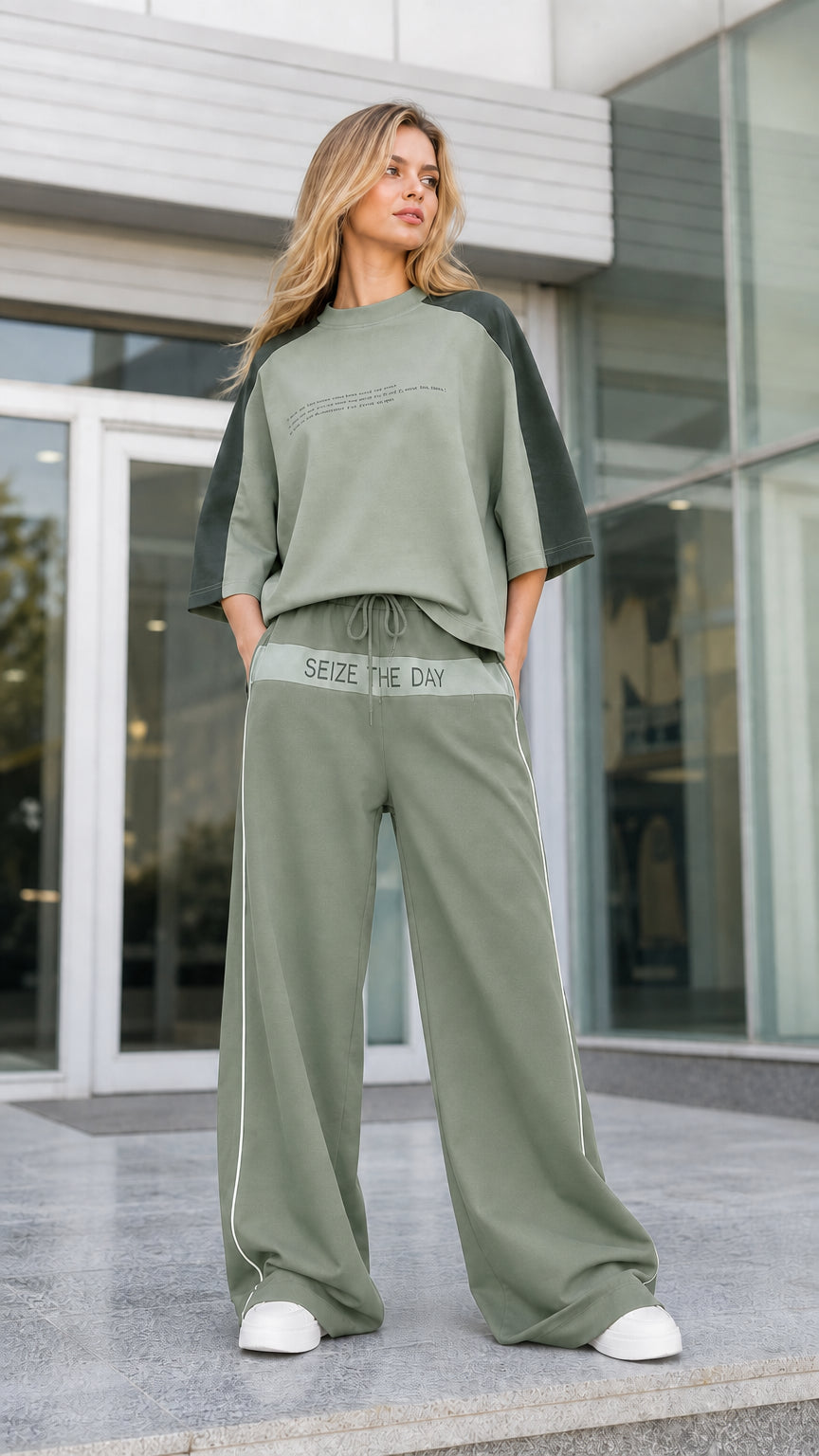 Women's two-piece oversized t-shirt and wide-leg pants set in sage green